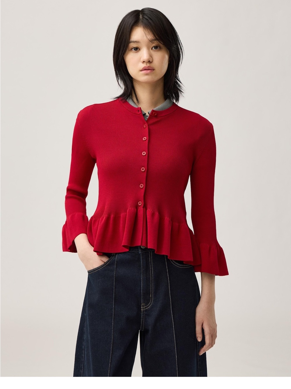 Ribbed Peplum Button-Front Blouse - Red